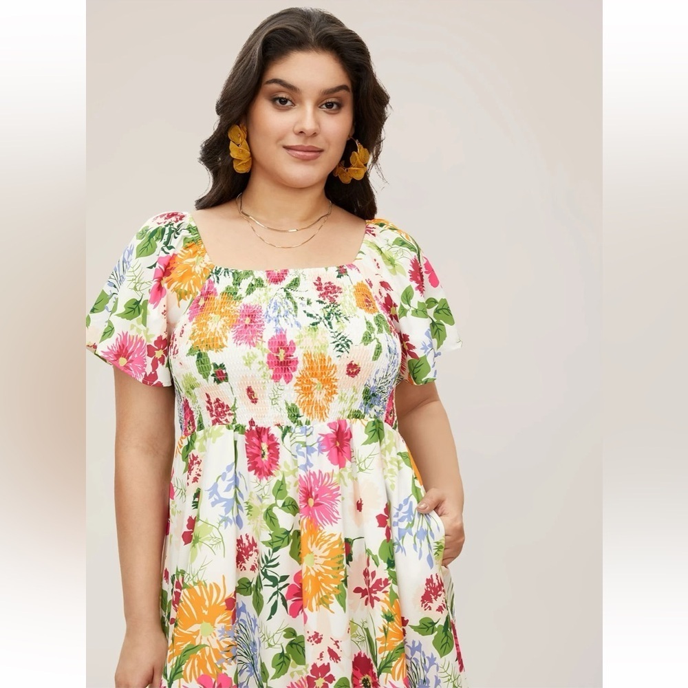 Floral Square-Neck Midi Dress in White with Multi-Color Print - Picture 3 of 7